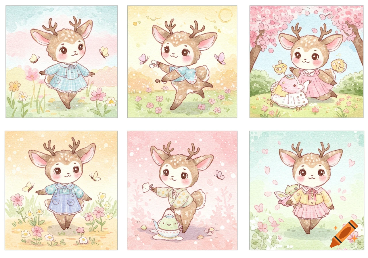 Six cute watercolor illustrations of fawn-like deer characters in various poses within whimsical, floral outdoor settings.