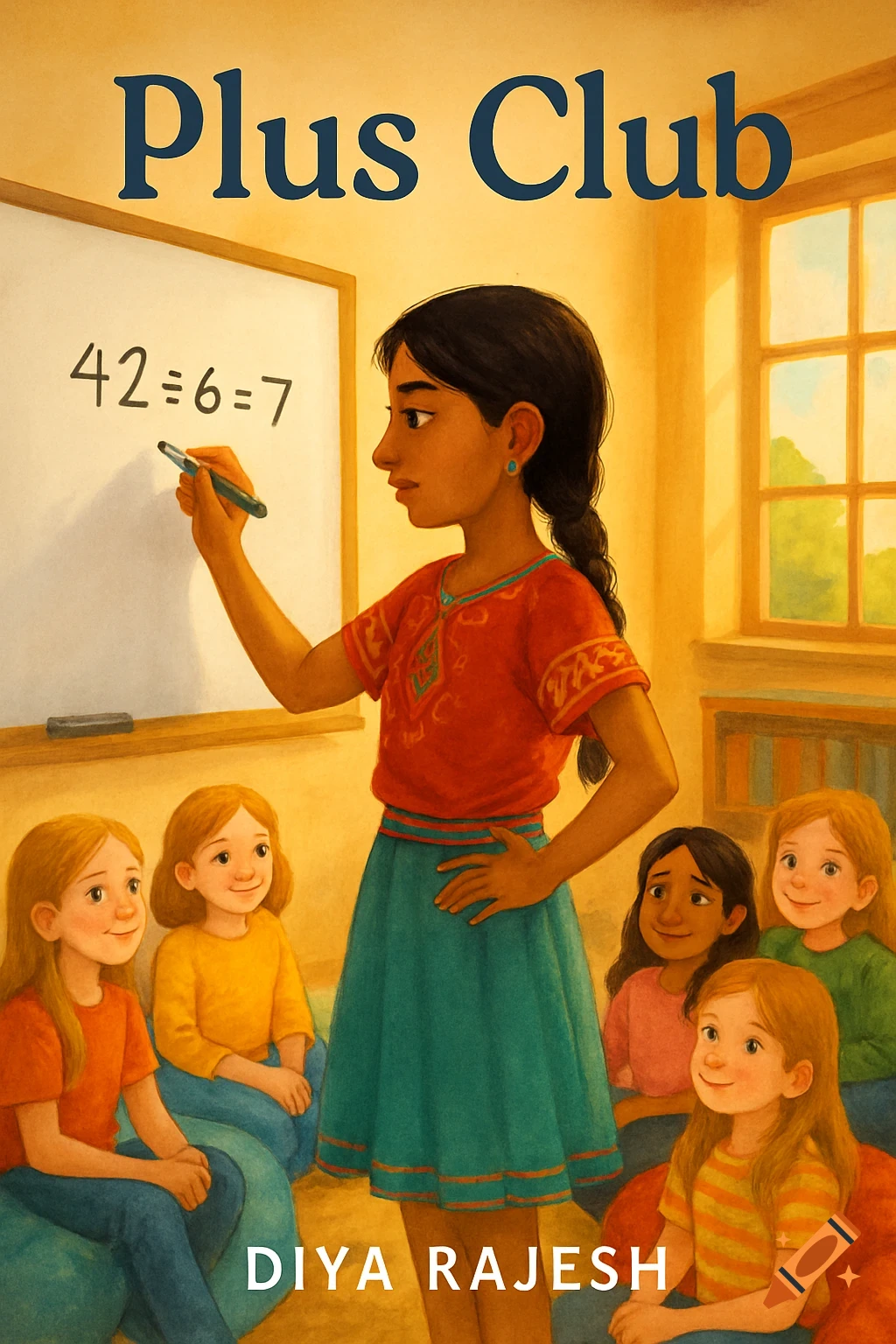 A book cover illustration of a dark-haired girl writing "42 The text on the whiteboard is "42÷6=7". This is part of the image, so it should be included.