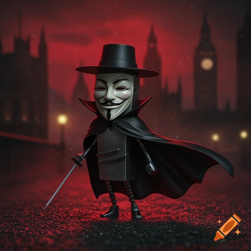 A stylized character with a Guy Fawkes mask, black hat, and cape, resembling V from Vendetta, stands with a sword on a wet street under a red sky with city buildings.