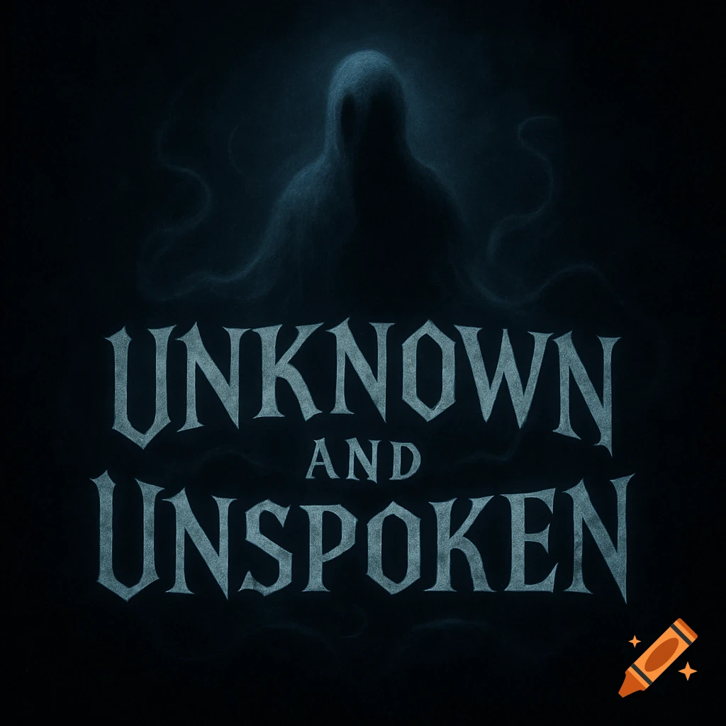 A dark, mysterious logo with a ghostly figure above the words 'UNKNOWN AND UNSPOKEN' in a stylized font.