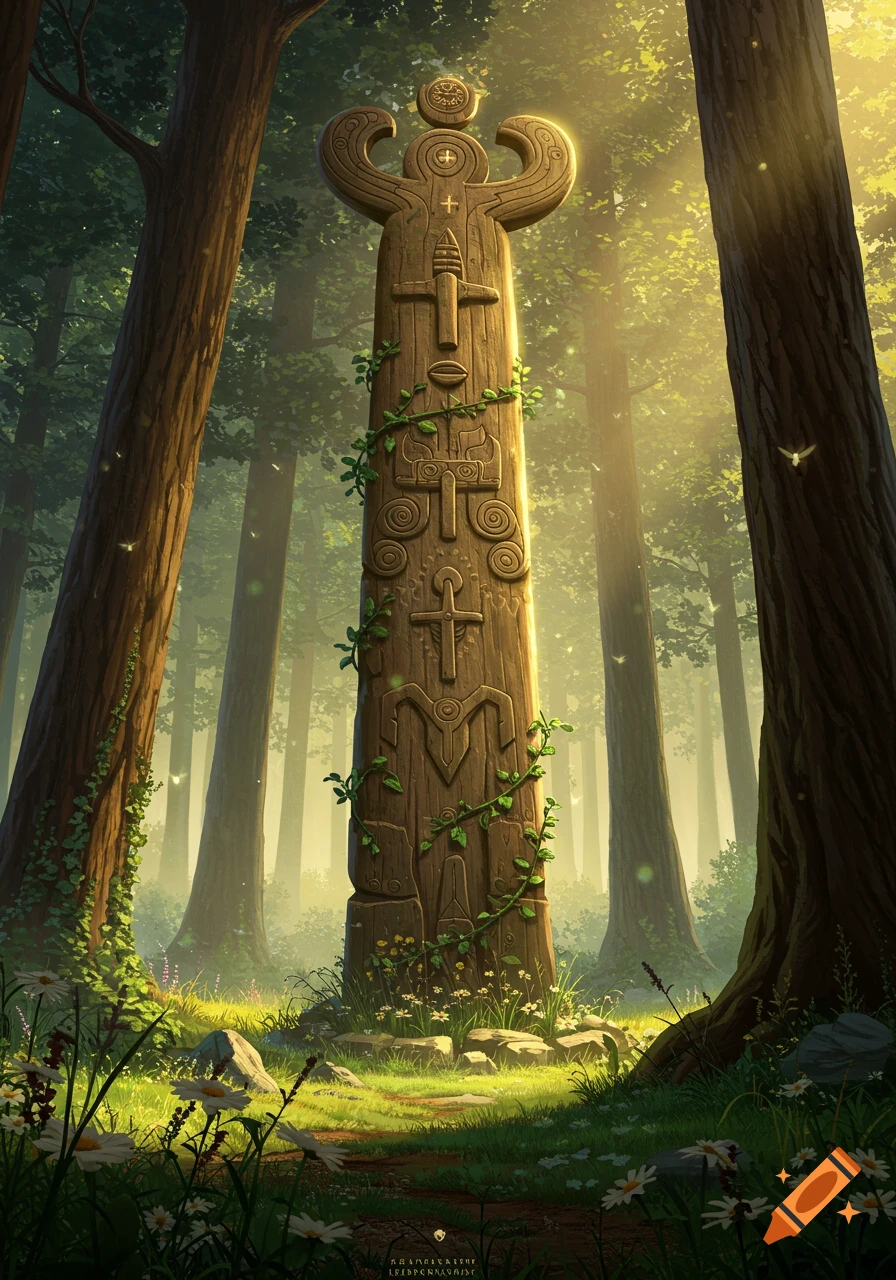 A large, intricately carved wooden totem pole stands in a sunlit forest clearing, adorned with vines and surrounded by trees and wildflowers.