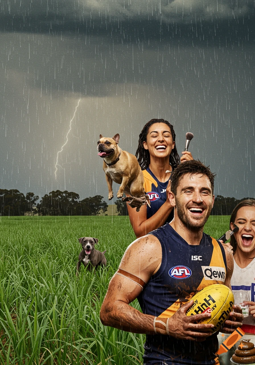 A smiling Australian rules football player holds a football in a rainy cane field, with a woman applying makeup, a floating French bulldog, and a dog poo pile nearby.