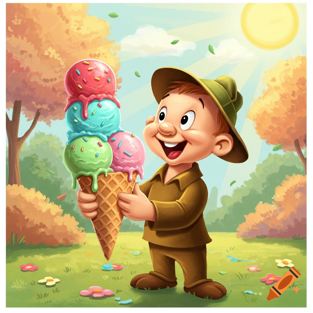 A happy cartoon boy in a hat holds a giant four-scoop ice cream cone in a sunny park with trees and flowers.