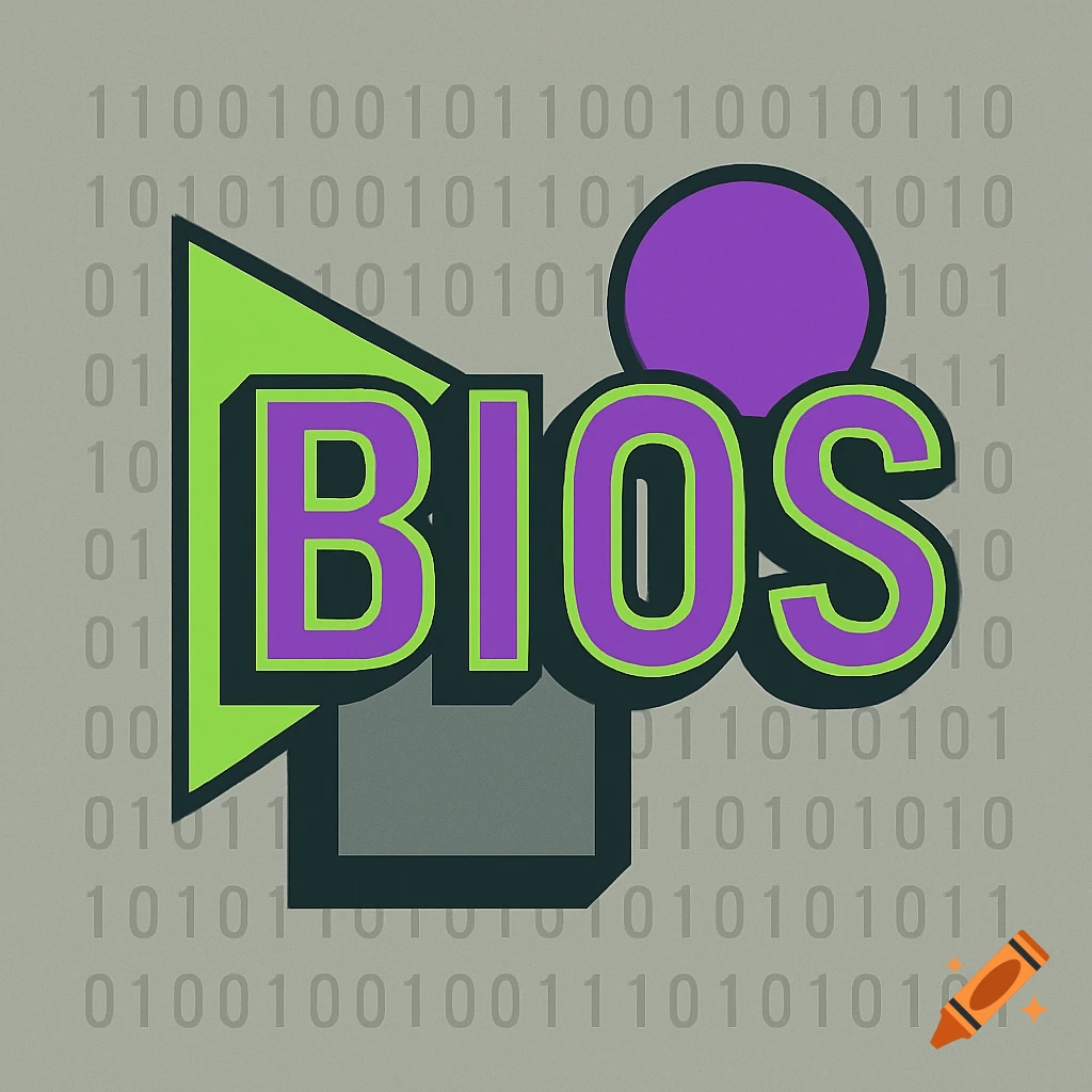 A stylized 'BIOS' logo in purple and lime green on a grey background with binary code, in a 90s retro computer aesthetic.