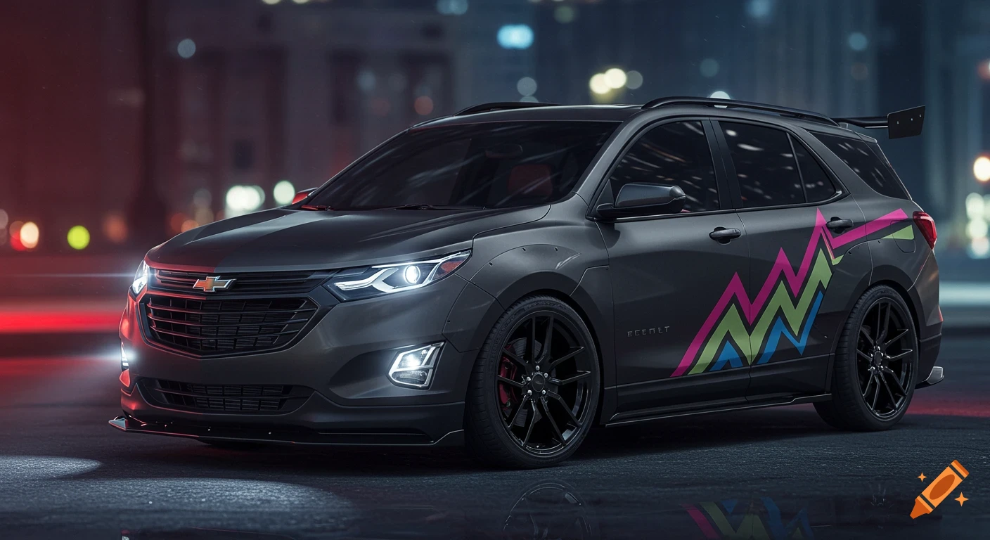 A dark gray customized 2018 Chevrolet Equinox with a spoiler and colorful zigzag graphics, parked on a wet street at night.