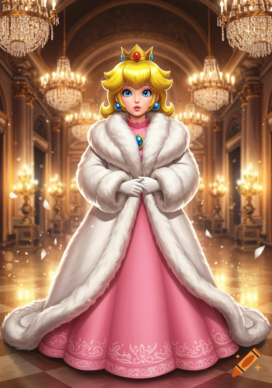 Princess Peach in a white fur coat and pink dress stands in a grand, chandelier-lit ballroom.