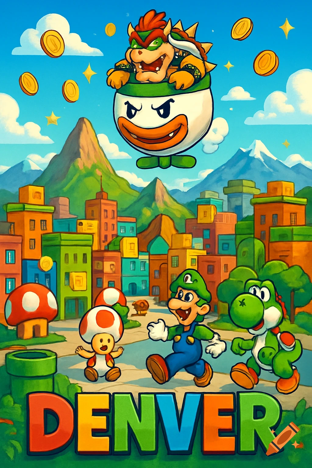 A colorful Mario Bros. inspired cityscape features Luigi, Yoshi, and Toad, with Bowser in his clown car overhead, coins, stars, and 'DENVER' text below.
