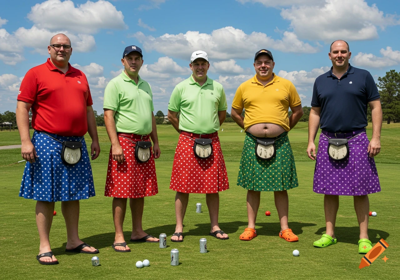 Five men in colorful polka dot kilts, polo shirts, and casual footwear stand on a sunny golf course.
