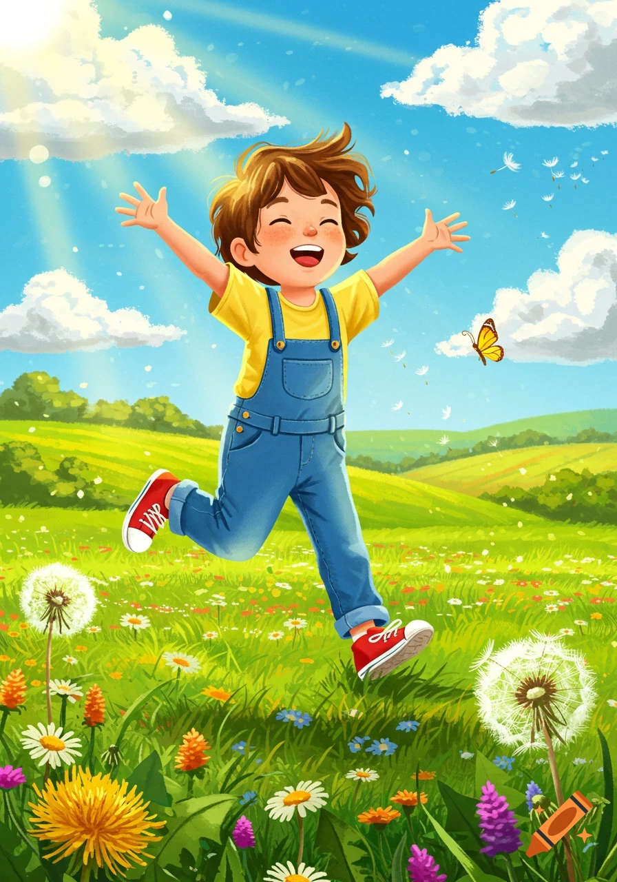 A joyful child with arms outstretched runs through a vibrant green meadow filled with colorful flowers under a bright blue sky.