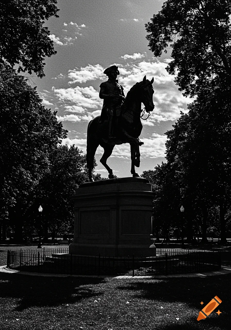 A black and white silhouette of a statue of George Washington on horseback, framed by trees against a cloudy sky.