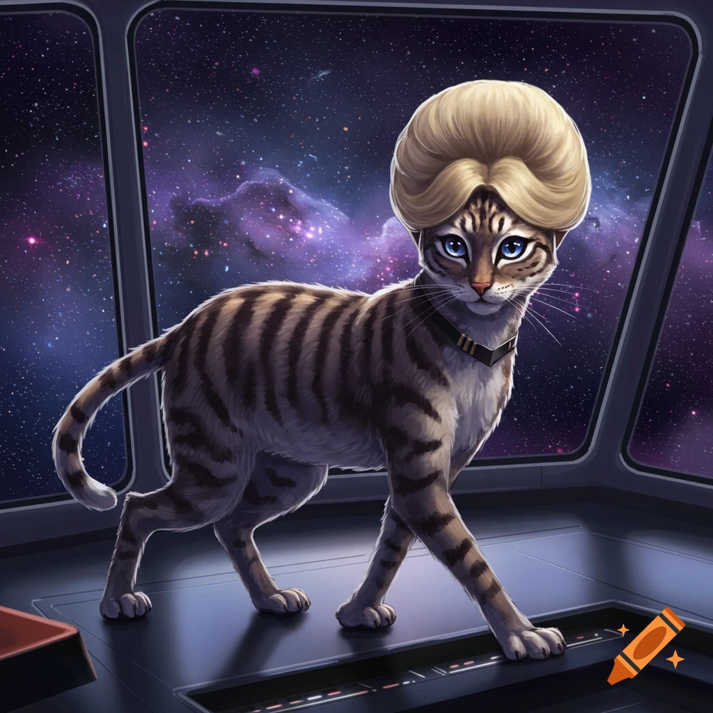 A tabby cat with a blonde bouffant wig stands in a spaceship cockpit, looking at a purple nebula and stars outside.