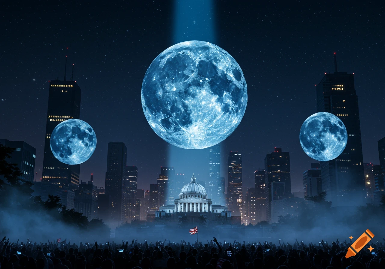 A large blue moon is projected over a city skyline at night, with two smaller moons on either side, as a crowd looks on.