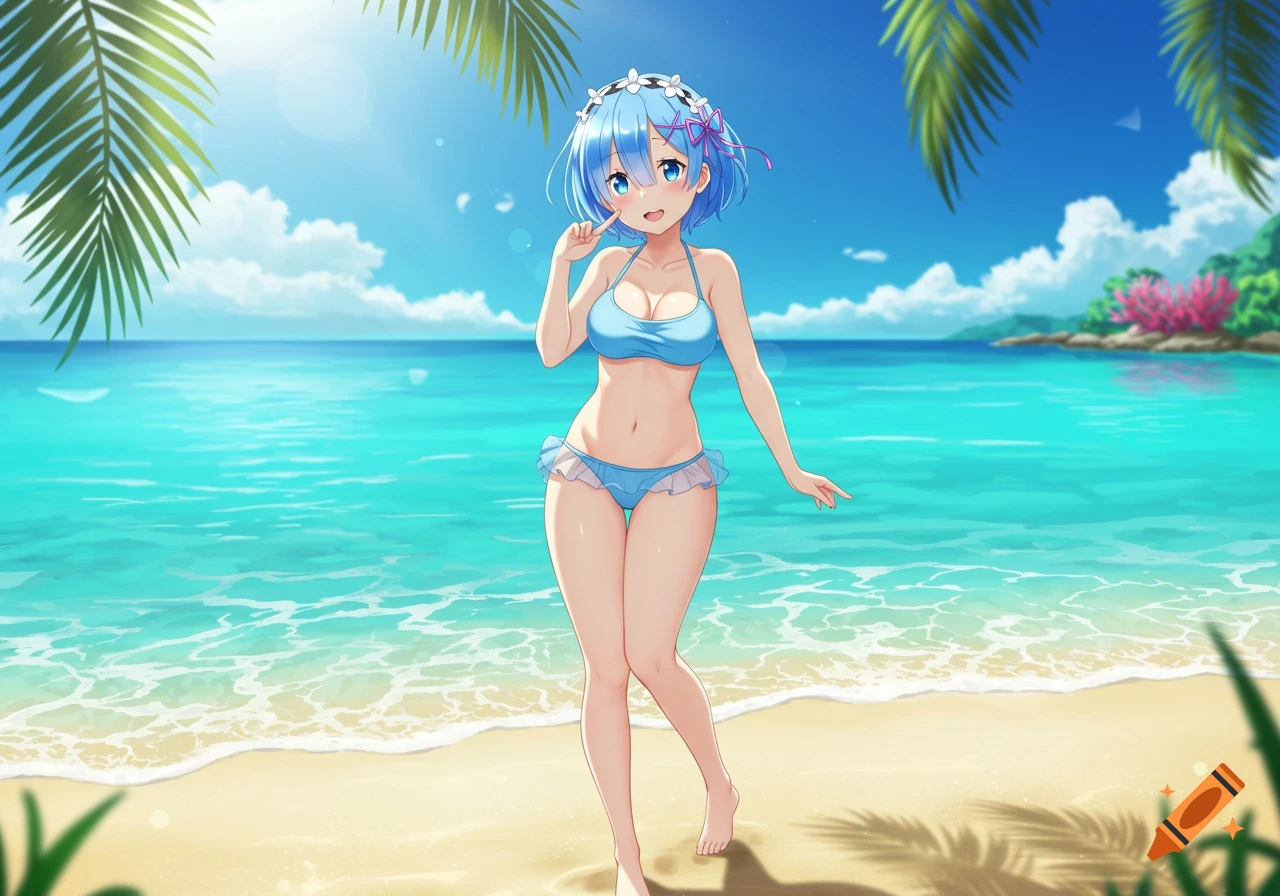 An anime girl with blue hair in a light blue two-piece swimsuit stands on a sunny beach with clear blue water.