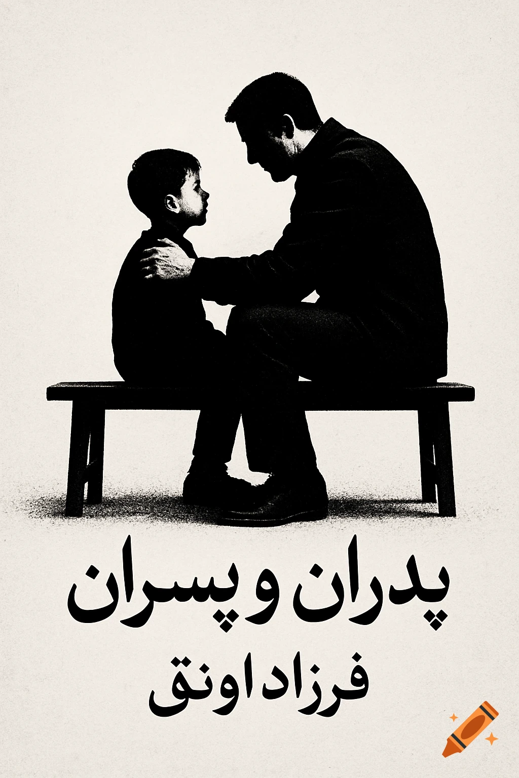 Black and white silhouette of a father comforting his son on a bench, with Persian text below.