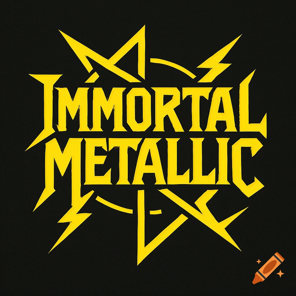A black background with a bright yellow logo for 'IMMORTAL METALLIC' in a sharp, spiky font, incorporating lightning bolt shapes.