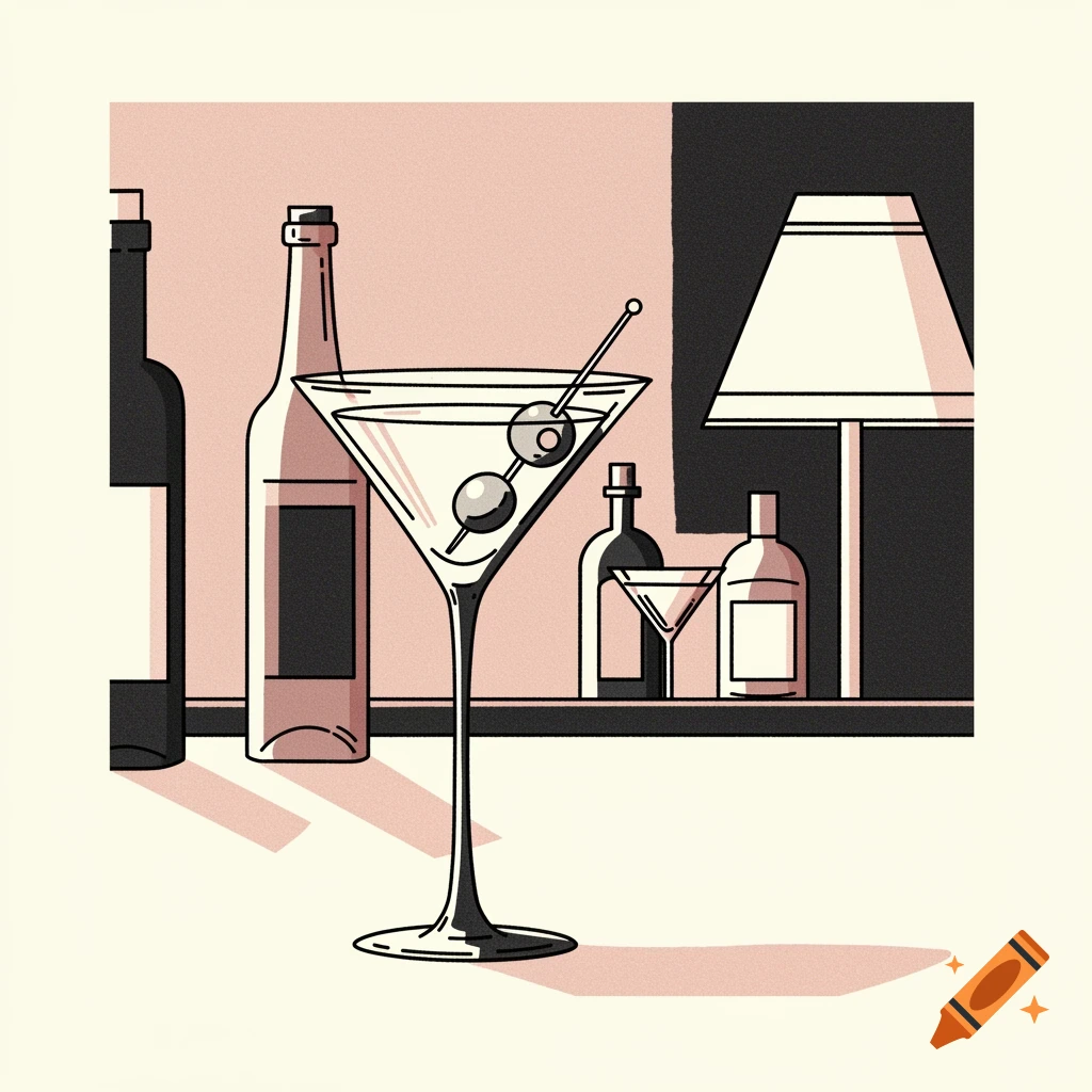 A retro line drawing illustration of a martini glass with olives, bottles, and a lamp on a shelf.