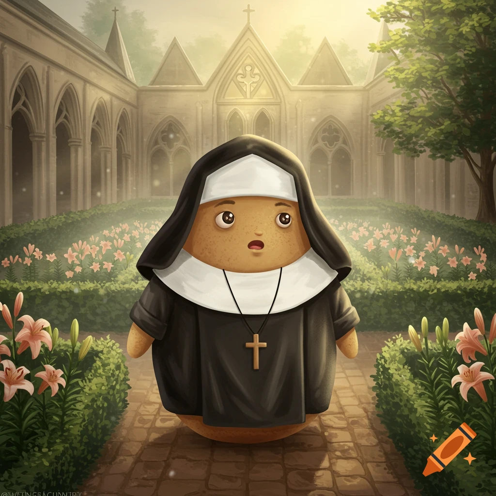 A cute, anthropomorphic potato dressed as a nun stands in a sunlit monastery garden filled with flowers.