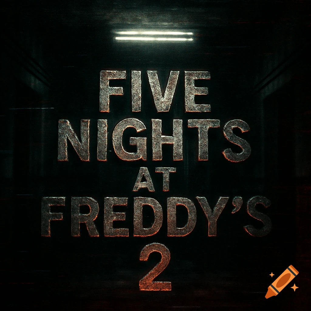 The 'Five Nights at Freddy's 2' logo featuring distressed metallic text against a dark background with a glowing light bar at the top.