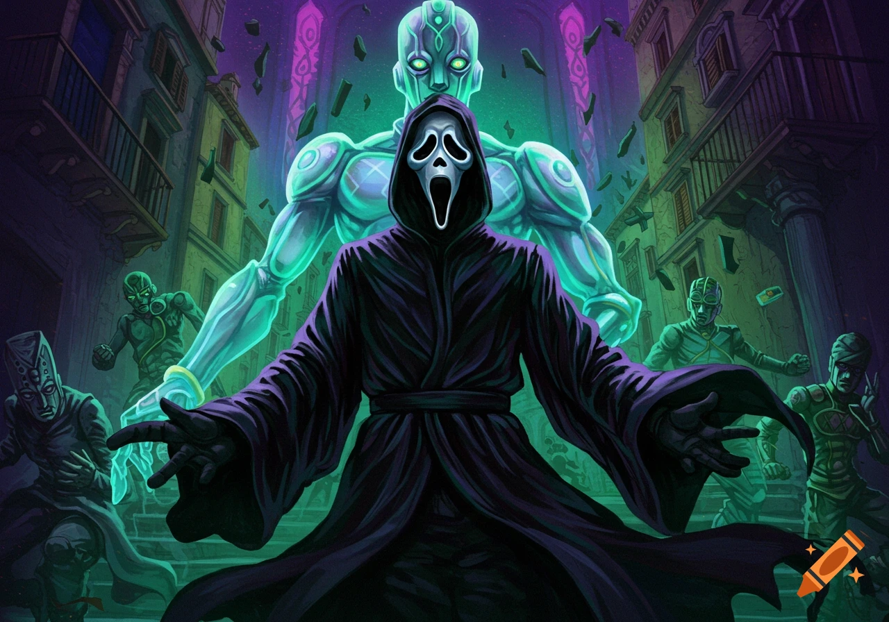 Ghostface in a dark robe stands with a large, glowing humanoid figure behind him in a stylized city street, with other humanoid figures in the background.