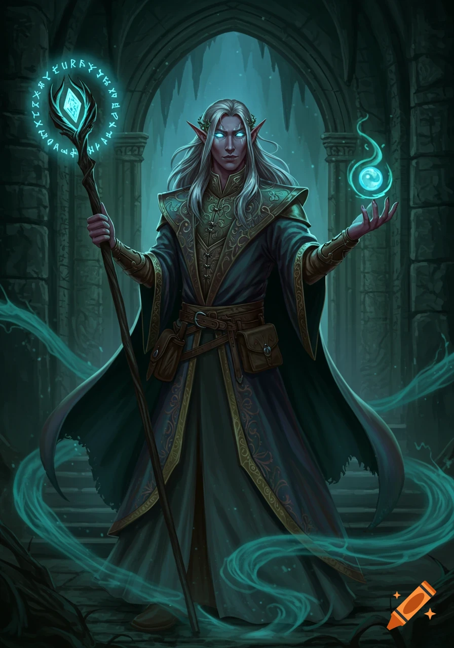 A fantasy illustration of an elf warlock with glowing eyes holding a magical staff and conjuring a spell in a dark hall.