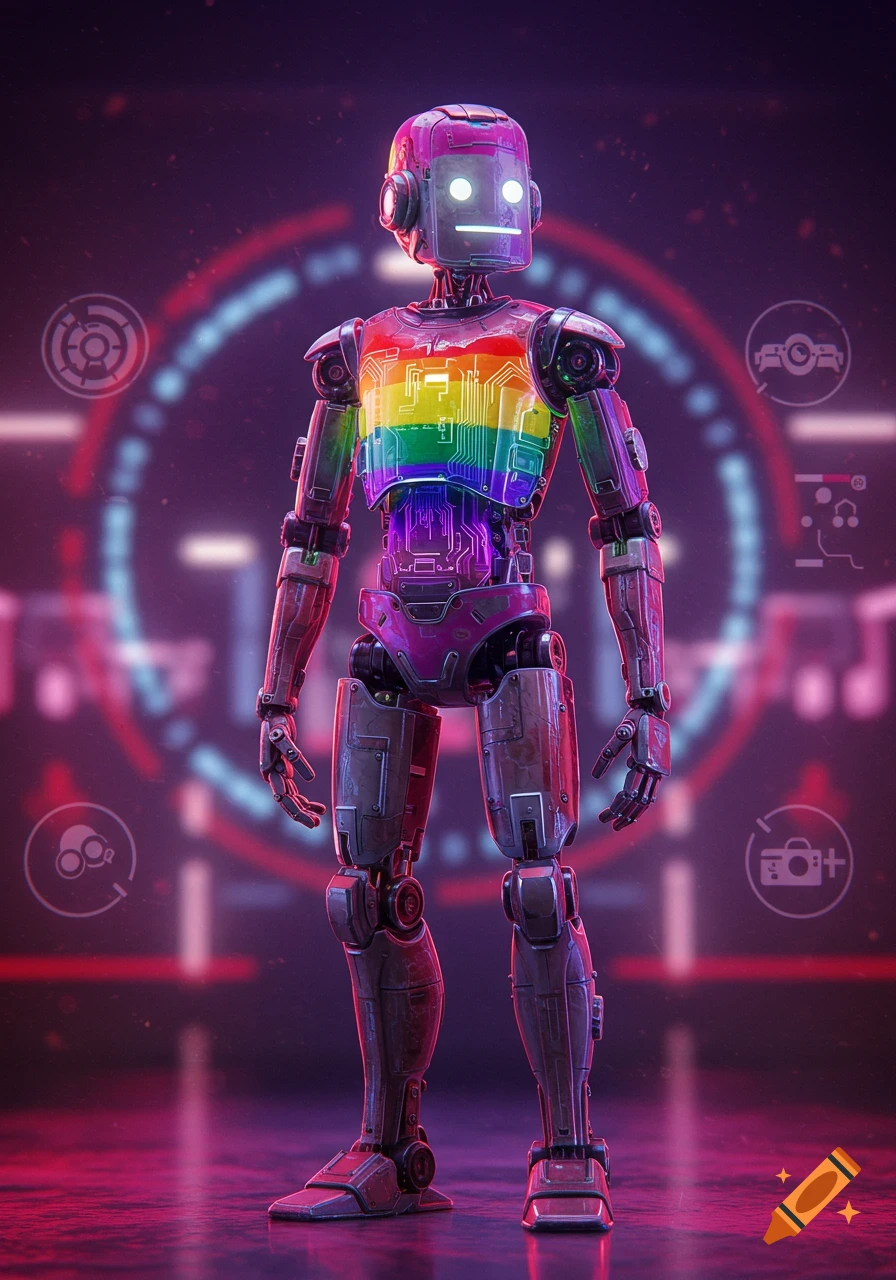 A detailed robot with a rainbow-colored circuit board chest stands in a dark, glowing futuristic setting with UI elements.