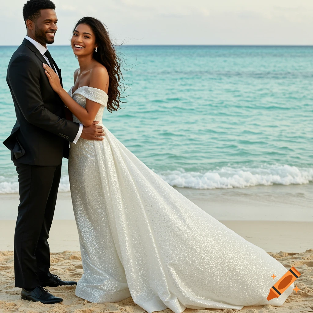 A smiling bride and groom embrace on a sunny beach with the ocean in the background, both looking happy in a photorealistic style.