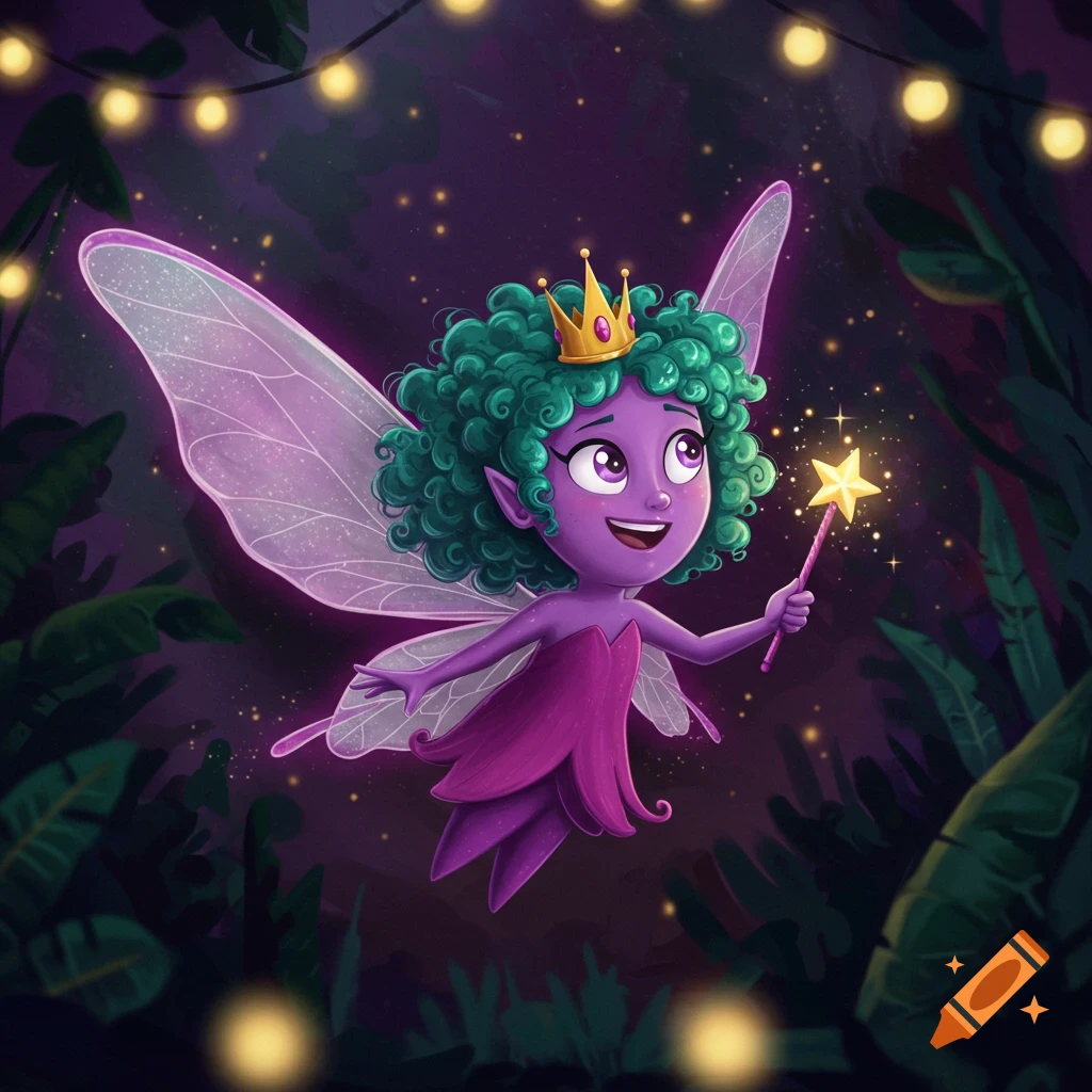 A cartoon purple fairy with green curly hair, a crown, and iridescent wings, smiling while holding a star wand in a magical, dark forest with glowing lights.