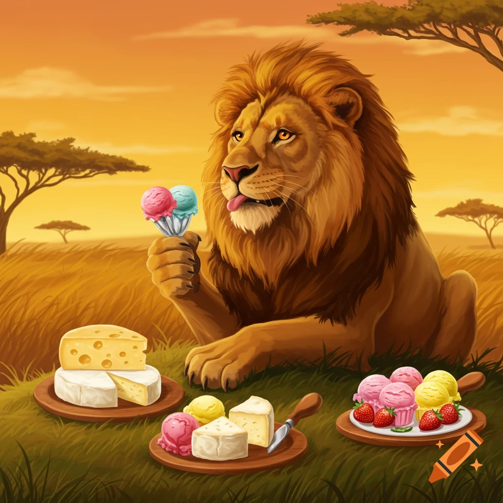 An illustrative lion licks a two-scoop ice cream cone while sitting in a savanna with cheese and ice cream desserts.