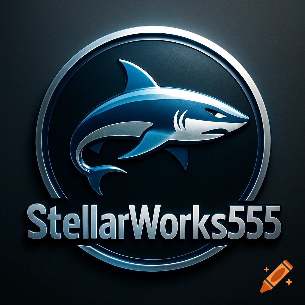 Metallic blue and silver logo featuring a shark silhouette inside a circular frame, with 'StellarWorks555' text below.
