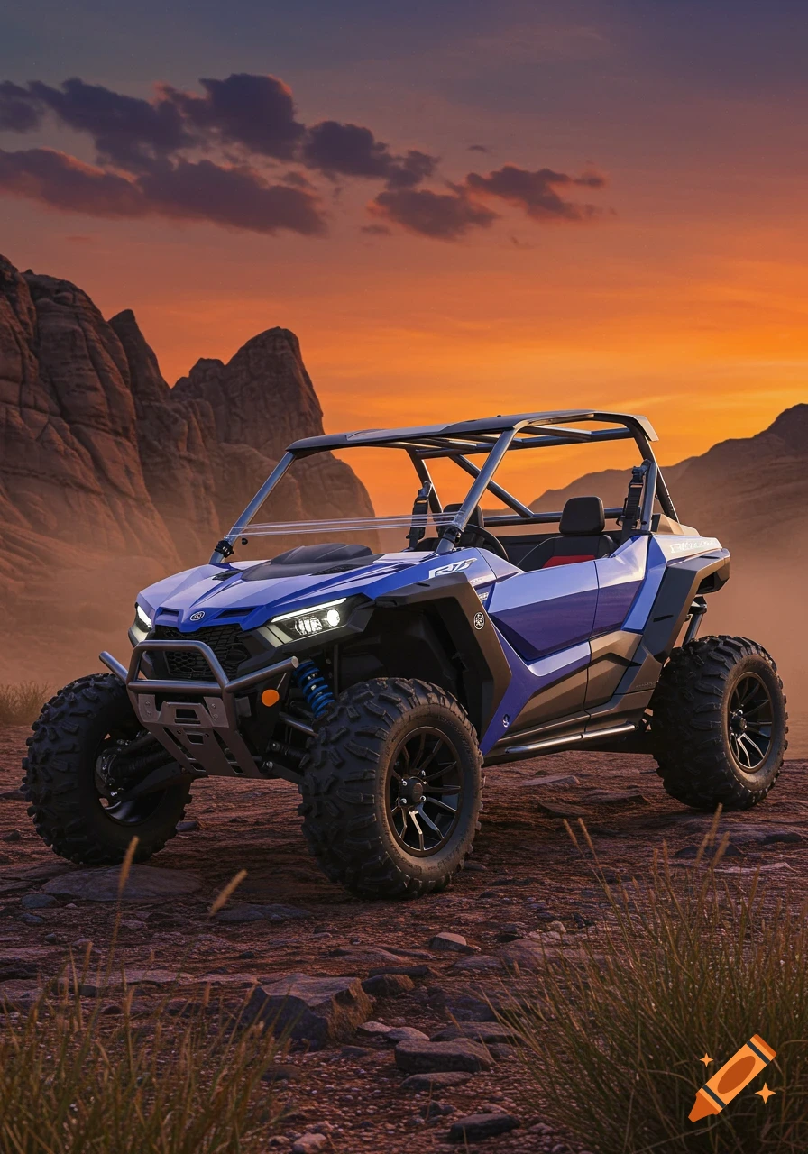 A blue off-road utility vehicle (UTV) with a roll cage sits on rocky terrain against a sunset sky with mountains in the background.