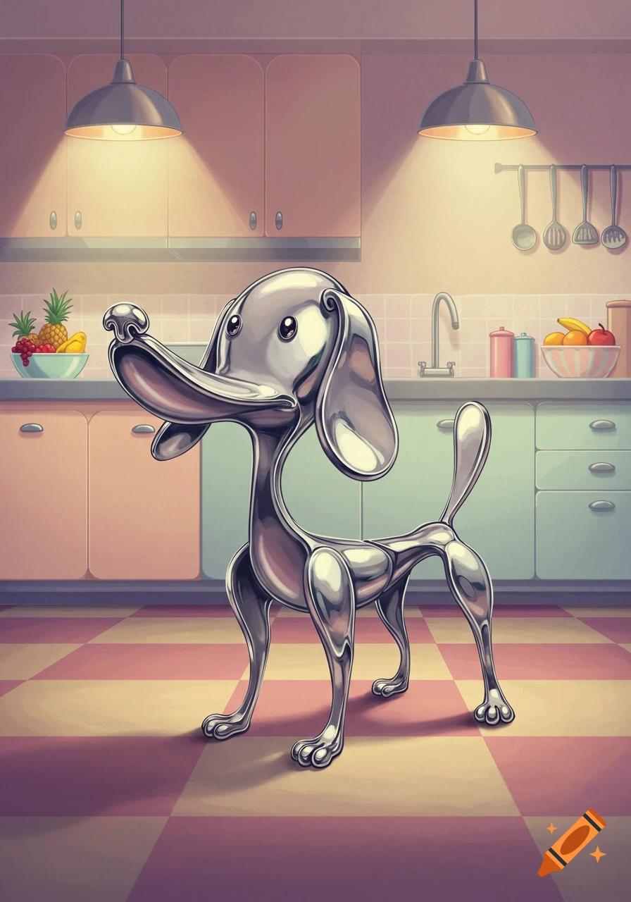 A shiny, metallic dog creature with spoon-like features stands in a colorful, cartoon kitchen.