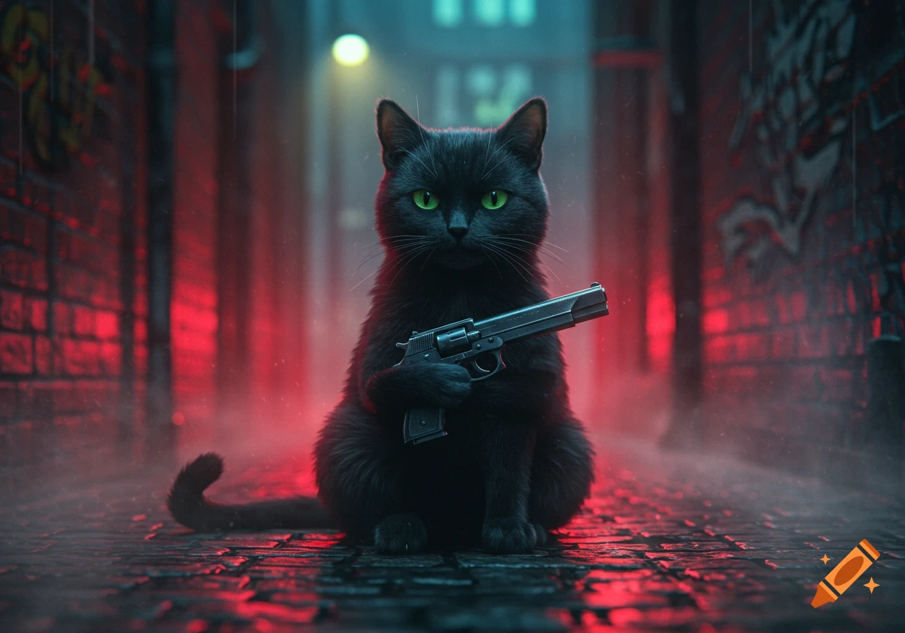 A black cat with glowing green eyes sits in a red-lit alley, holding a handgun.
