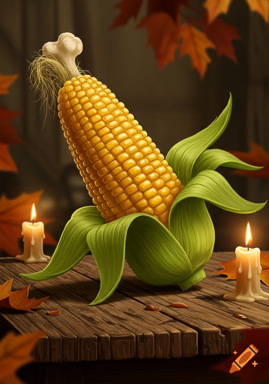 A stylized corn on the cob, shaped like a turkey leg with a bone-like tip, sits on a wooden table surrounded by autumn leaves and two lit candles.