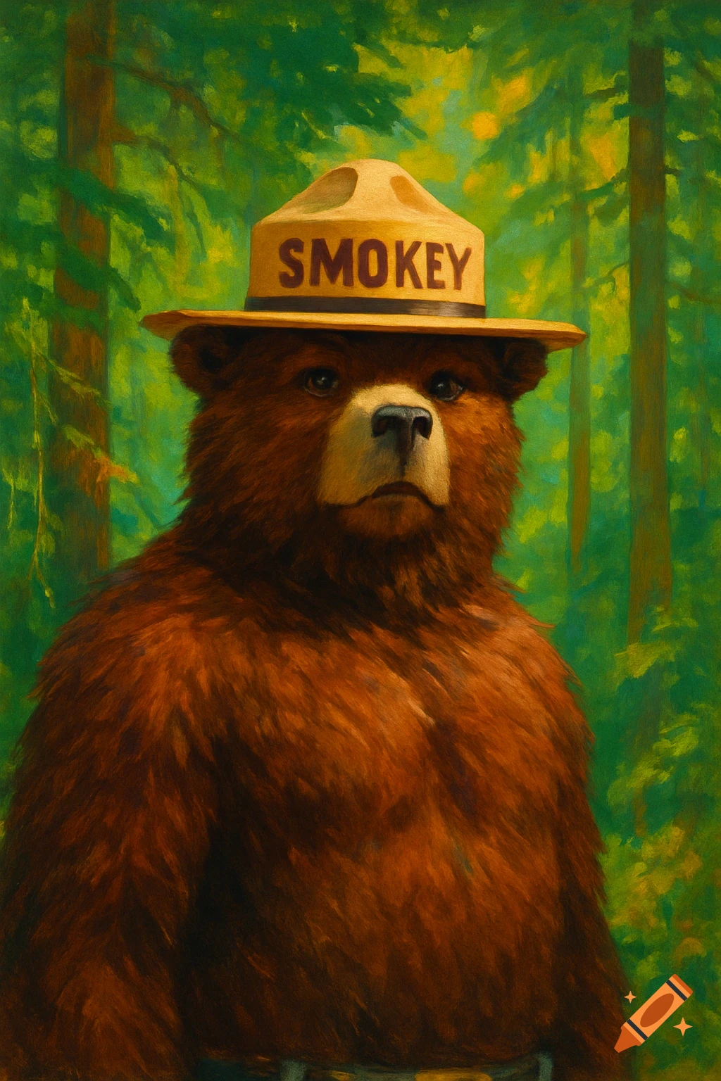 A painterly illustration of Smokey the Bear in his ranger hat with the word 'SMOKEY' on it, standing in a green forest.