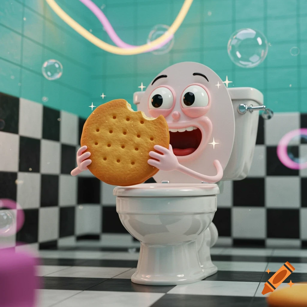 A whimsical 3D cartoon toilet with a face and pink arms eats a large biscuit in a tiled bathroom with neon lights.