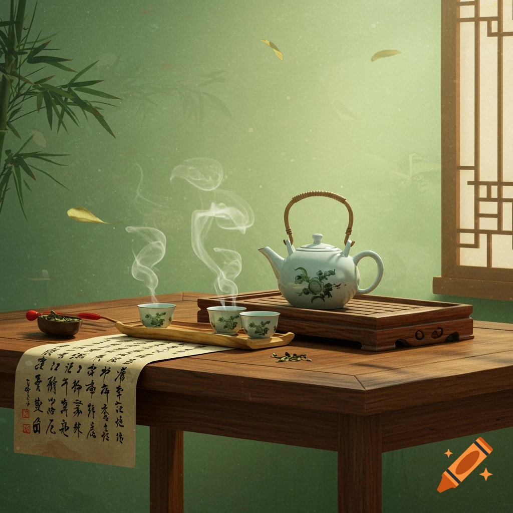 Steaming tea cups and a teapot on a wooden table with a scroll, bamboo, and a window in a traditional Chinese setting.