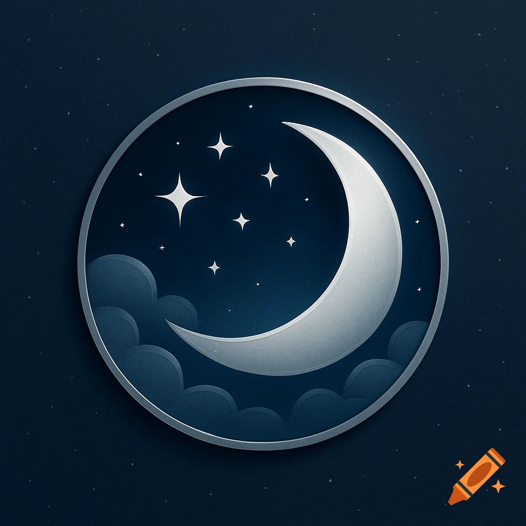 A minimalist circular logo depicting a silver crescent moon and bright stars against a dark blue sky with stylized clouds.