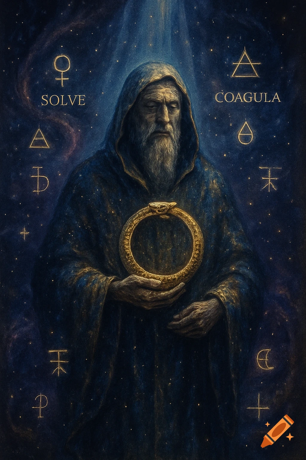 An old, bearded man in a hooded robe holds a golden Ouroboros, surrounded by golden alchemical symbols and text on a cosmic background.