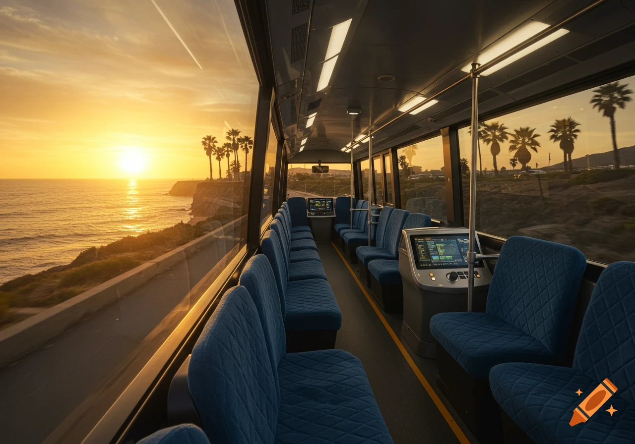 Interior of a modern self-driving bus with blue seats, looking out at a stunning orange sunset over the ocean and a coastal road with palm trees.