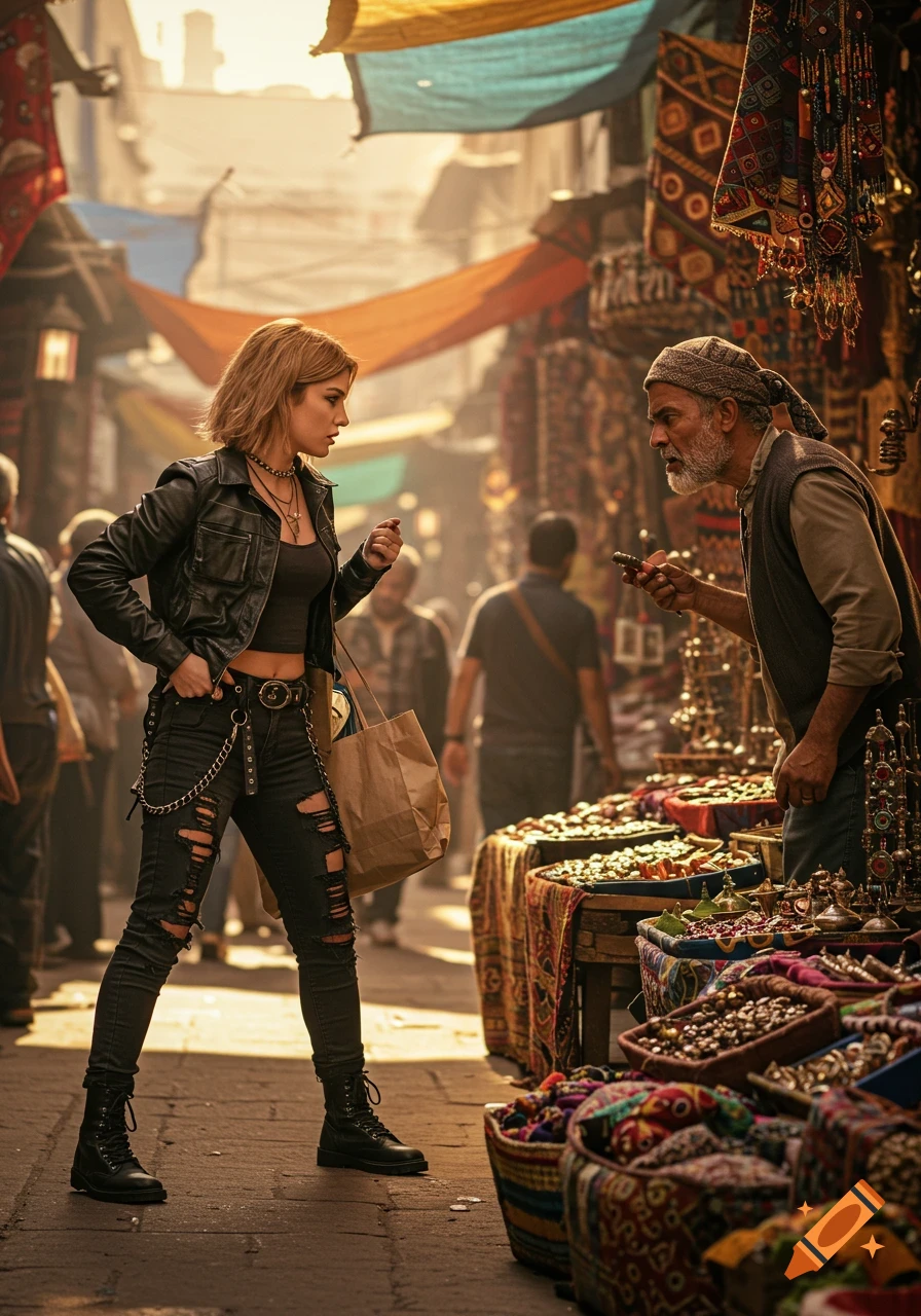 A determined shopper confronts an intimidating street vendor in a crowded, bustling city bazaar, realistic style.