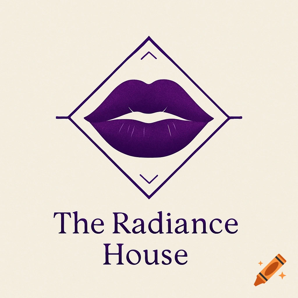 A logo with purple lips inside a diamond shape above the text "The Radiance House" on a cream background.