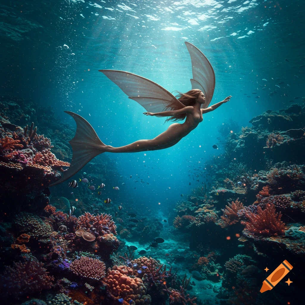 A mystical woman with a dolphin-like tail and manta ray wings drifts through a vibrant underwater coral reef, bathed in light.