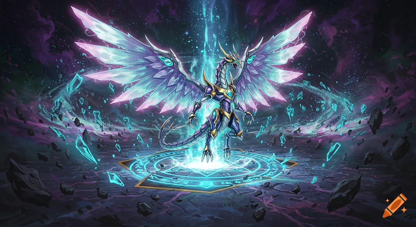 A majestic purple and teal dragon with glowing crystal wings stands on a magic circle in a dark ethereal realm with floating rocks.