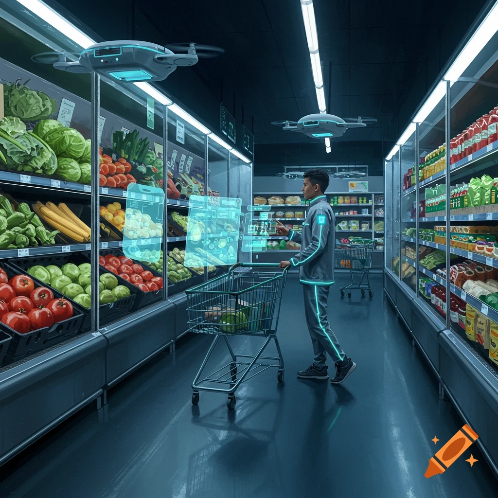 A person shops in a futuristic grocery store with glowing holographic displays and drones flying overhead.