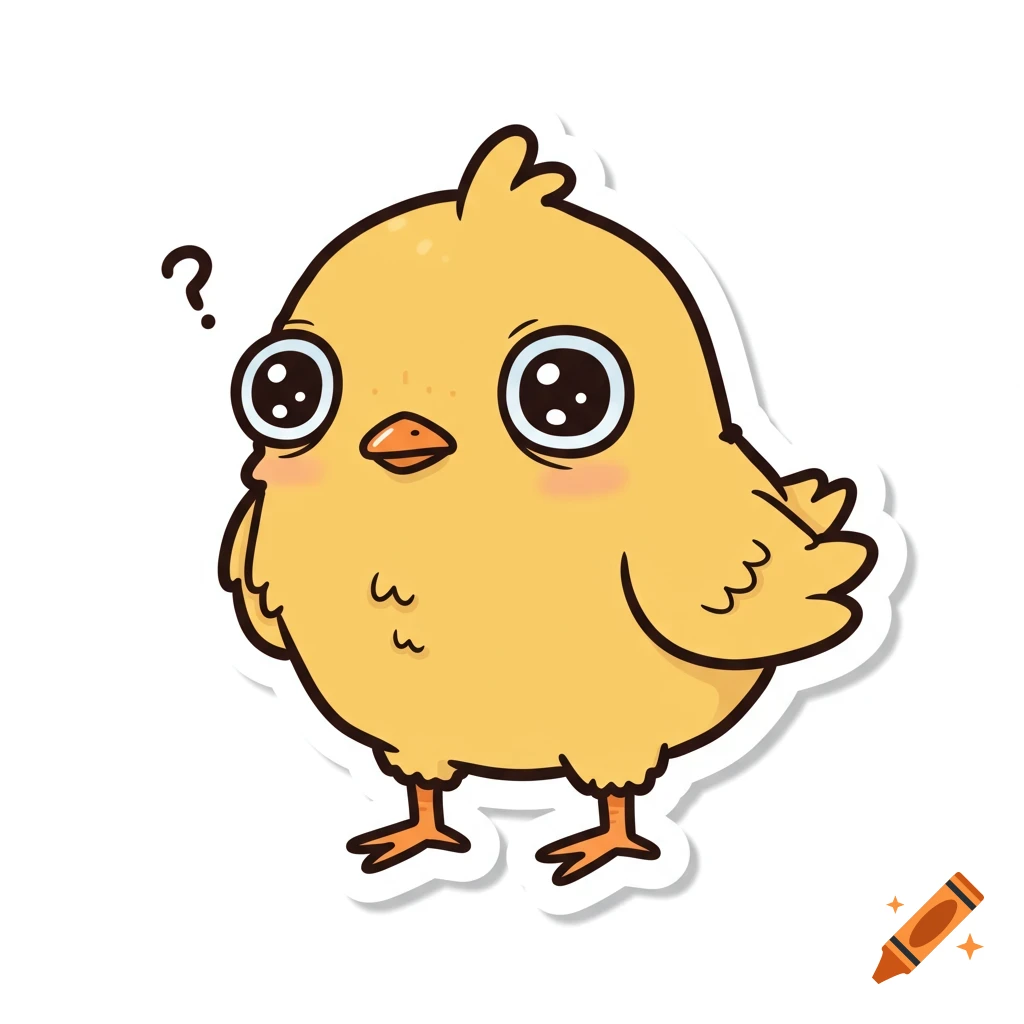 A cute kawaii style cartoon chicken sticker with large eyes and a question mark above its head, looking confused on a white background.