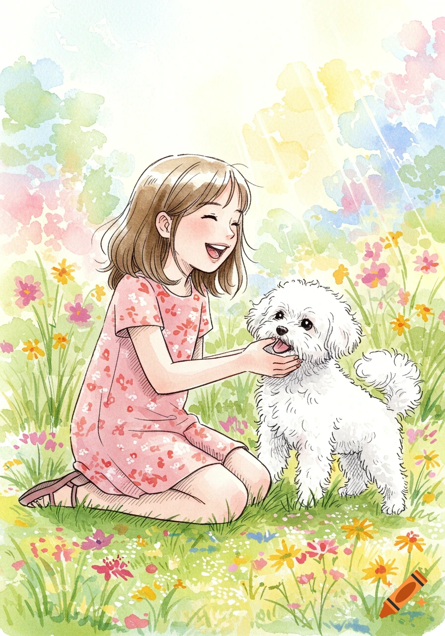 A happy girl kneeling in a flowery field, petting a white Bichon puppy, in a vibrant watercolor illustration.