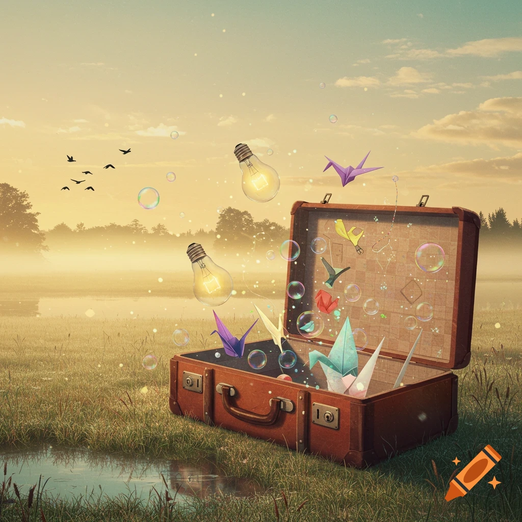 An open brown suitcase sits in a grassy field at dawn, emitting glowing lightbulbs, colorful origami birds, and iridescent bubbles into the misty air.