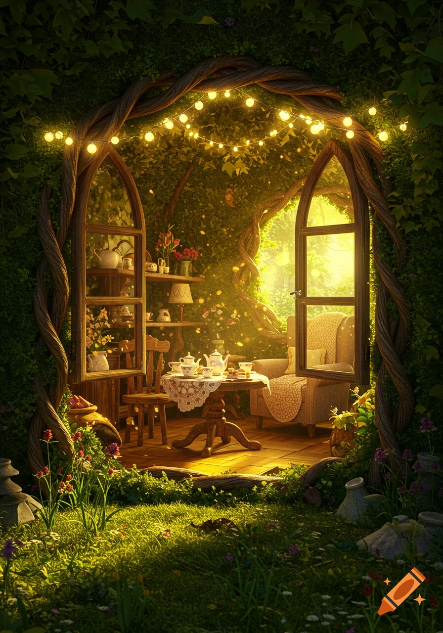 View into an enchanted fairy house with glowing string lights, an open window, a tea set on a table, and an armchair, all surrounded by lush green foliage.