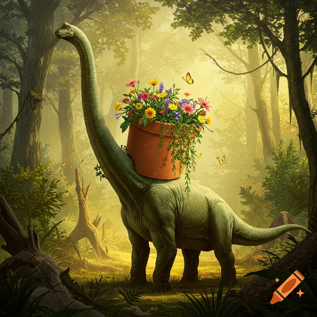 A long-necked brachiosaurus dinosaur stands in a misty, sunlit forest, wearing a large terracotta flower pot full of colorful wildflowers on its back.