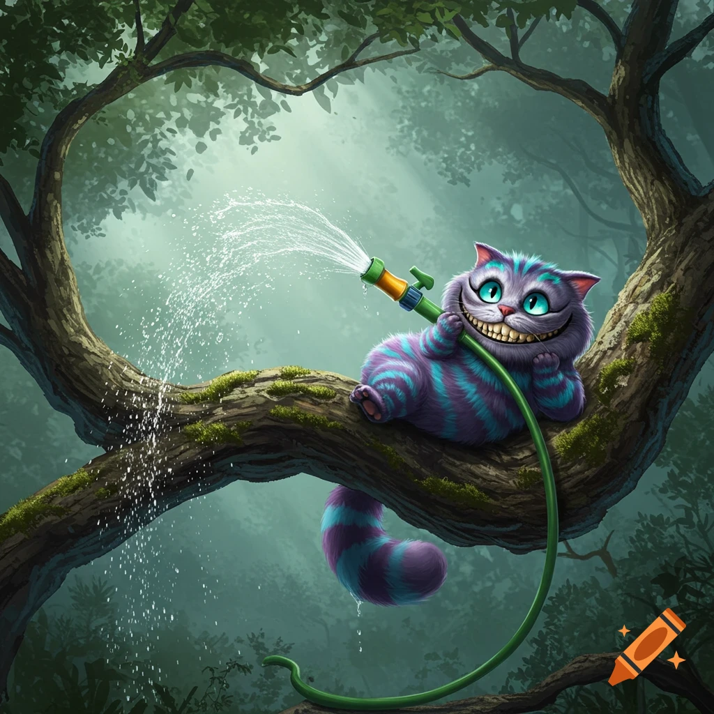 A grinning purple and blue striped Cheshire Cat sits on a mossy tree branch, spraying water from a green hose.